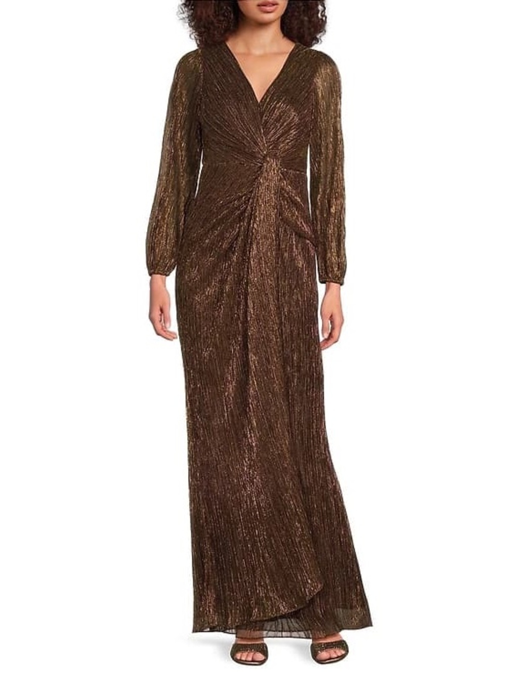 Adrianna Papell Metallic Brown Twist-Front Maxi Dress